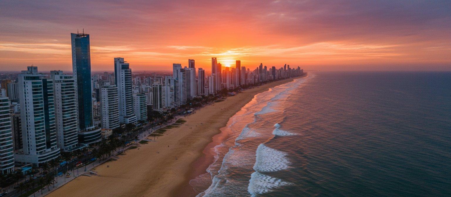 Vista aérea da praia e orla de Fortaleza ao entardecer